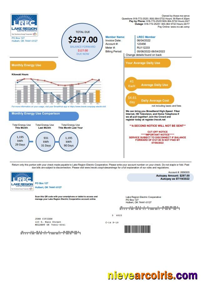 USA Oklahoma LREC Lake Region utility bill